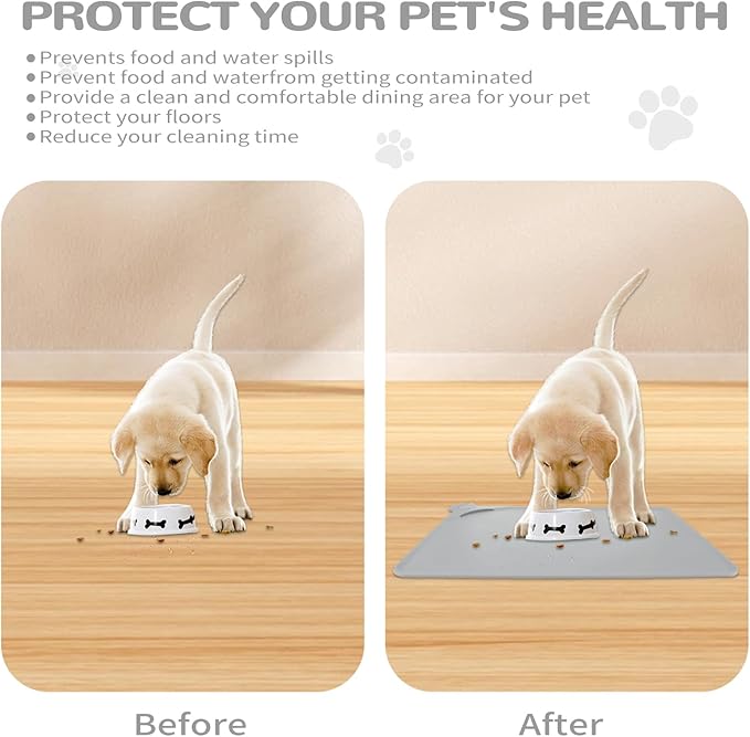Waterproof Raised Edge BPA Free Silicone Pet Feeding Mat-Multiple Colors，Dog Cat Food Mats Contain Spills Protects Floors, Placemats for Cats and Dogs Water Bowl, Pets Accessories 22x15 Gray
