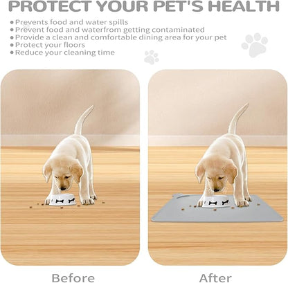Waterproof Raised Edge BPA Free Silicone Pet Feeding Mat-Multiple Colors，Dog Cat Food Mats Contain Spills Protects Floors, Placemats for Cats and Dogs Water Bowl, Pets Accessories 22x15 Gray