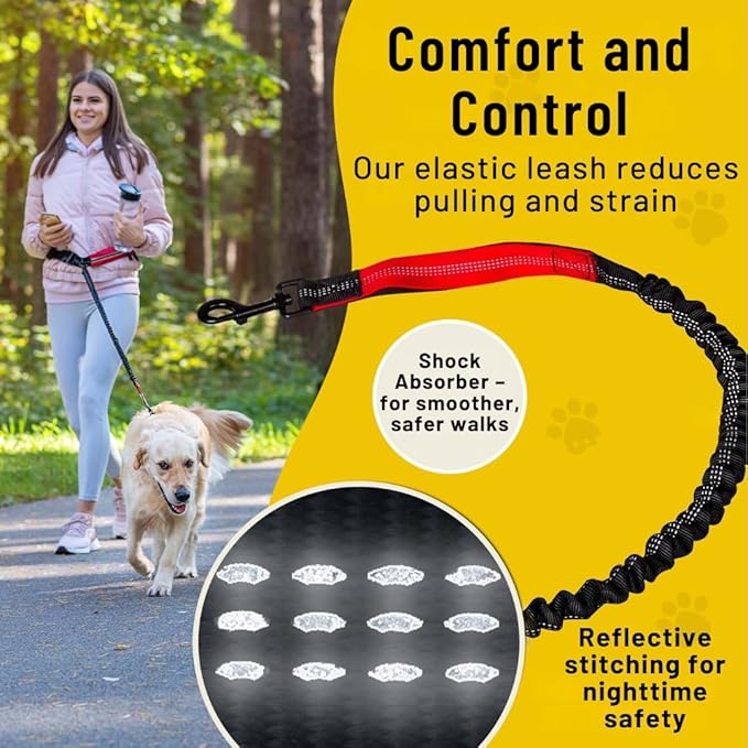 Hundefreund Hands-Free Dog Leash Replacement Bungee (47–67”) – Extension for Medium & Large Dogs – Shock-Absorbing with Dual Handles & Reflective Stitching (Red)