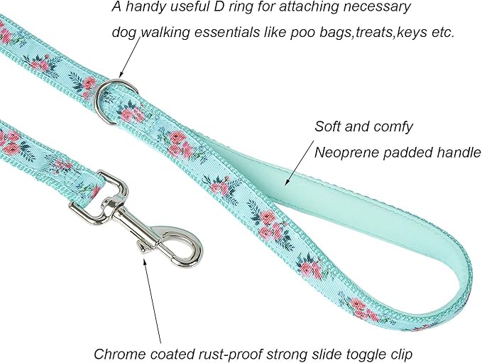 Green Floral Print Dog Leash - 5 Feet Durable Nylon Leash for Small & Medium Dogs, Lightweight Walking Leash (S Green Floral)