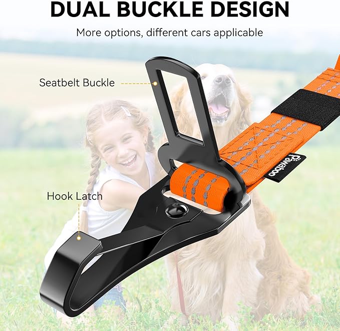 Pawaboo 2Pack Dog Seatbelt for Car, 3-in-1 Dog Car Seat Belt, Shockproof Dogs Tether with Buckle & Hook Latch, Adjustable Reflective Dogs Cars Harness Leash with 360° Lockable Buckle, Orange/Black