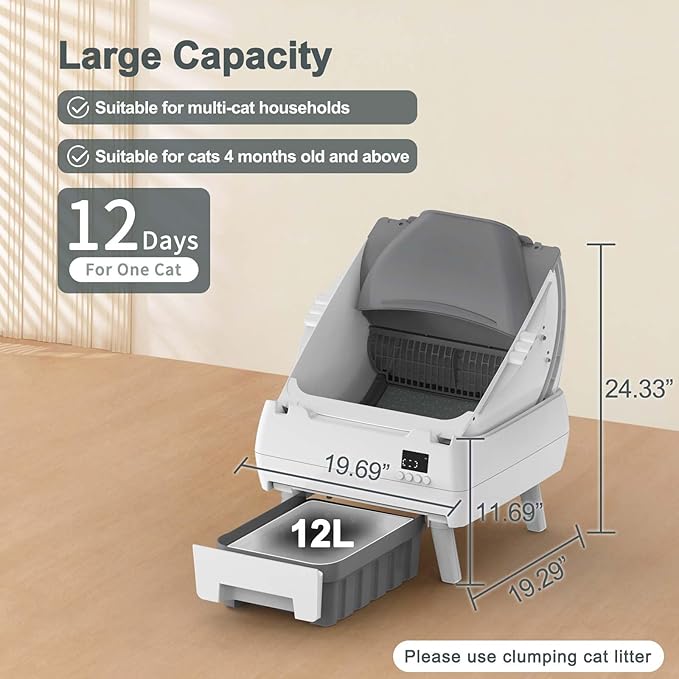 Automatic Cat Litter Box Self Cleaning - App Control, Open-Design, Smart Health Monitor, Suitable for Medium Cats and Kittens, Anti-Pinch Safety, Quiet Operation - White