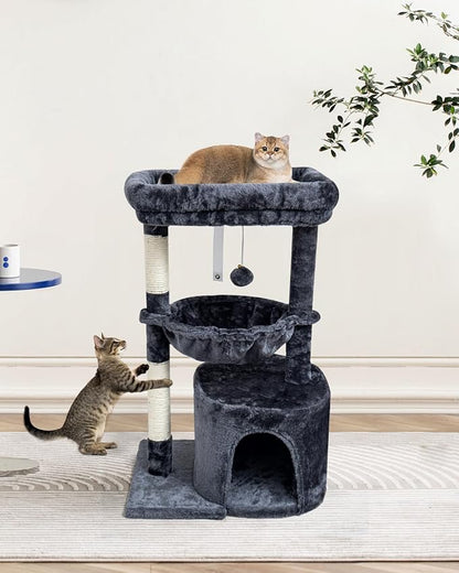 SYANDLVY Small Cat Tree for Indoor Cats, Cat Tower with Scratching Post, Modern Cat House with Padded Perch, Kittens Condo with Cradle, Smoky