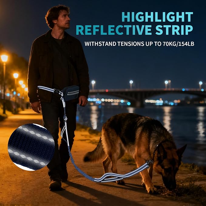 Hands Free Dog Leash with Removable Zipper Pouch, Dual Padded Handles and Durable Bungee for Walking, Jogging and Running-Your Dog (Large, 35-140 lbs Navy Blue