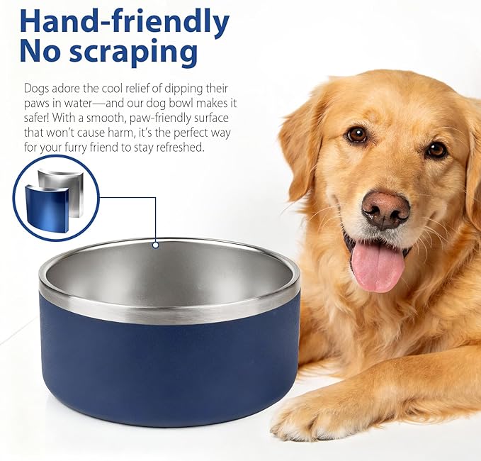 Dog Bowl, Stainless Steel Dog Bowls for Food and Water, Metal Pet Feeding Bowl with Insulated Non-Slip Quiet Bottom, Easy to Clean, Dishwasher Safe, 64oz,8 Cup | Navy