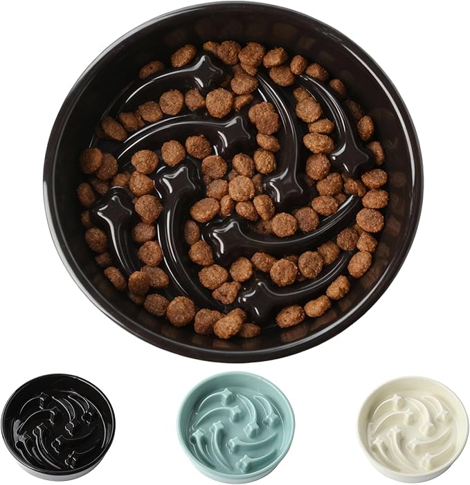 Ceramic Slow Feeder Dog Bowls Large Breed, 2 Cups Slow Eating Dog Bowl, Anti-Gulping Pet Food Bowl Reduce Choking, Heavy Puzzle Maze Design Pet Dishes for Fast Eaters, 8.3 inch - Black