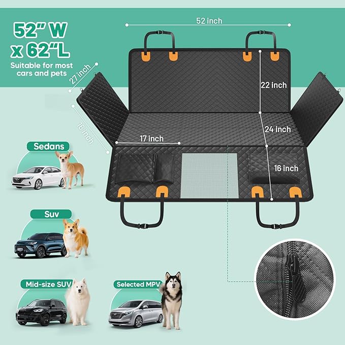 Dog Car Seat Cover for Back Seat,Waterproof Back Seat Extender for Dogs with Hard Bottom,Dog Hammock for Cars, SUVs,Pet Seat Cover for Back Seat Holds 400lbs with Mesh Window & Pocket