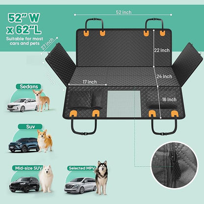 Dog Car Seat Cover for Back Seat,Waterproof Back Seat Extender for Dogs with Hard Bottom,Dog Hammock for Cars, SUVs,Pet Seat Cover for Back Seat Holds 400lbs with Mesh Window & Pocket