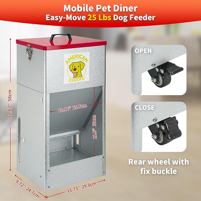 Automatic Dog Feeder with Wheels, 25lb Heavy Duty Galvanized Steel Gravity Food Dispenser - Easy to Move Rolling Pet Food Station for Indoor & Outdoor Use
