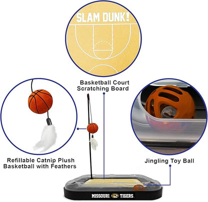 NCAA Missouri Tigers Basketball Court Scratcher Toy with Catnip Filled Plush Basketball & Feather Cat Toy Hanging, Jingle Bell Interactive Ball