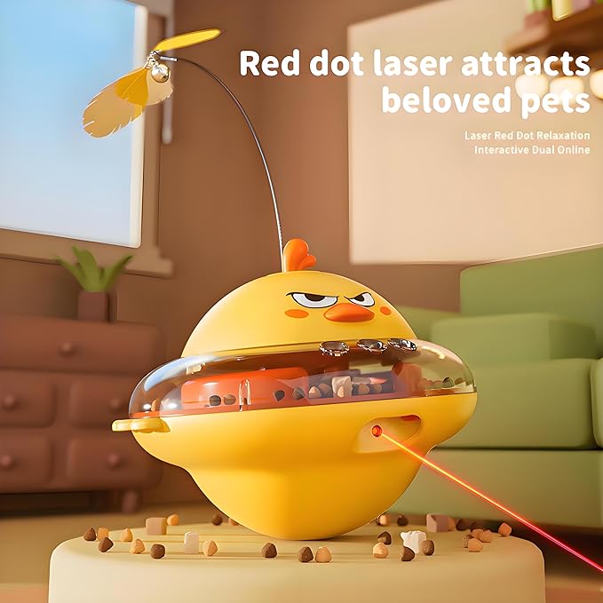 hooroor 4-in-1 Automatic Cat Toy, Interactive Laser & Feather Teaser with Bird Sounds & Treat Reward, Self-Balancing 360° Spinning Enrichment Exercise Toy for Bored Indoor Cats & Kittens
