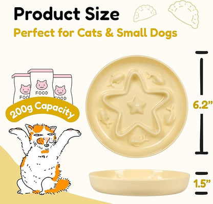 2 Pcs Cat Slow Feeder Bowl – Whisker Friendly Melamine Puzzle Feeding Cat Bowl for Slow Eating – Wet & Dry Food – Dishwasher Safe, Lightweight, Non-Slip (Buttercream + Shell White, 6.3'')