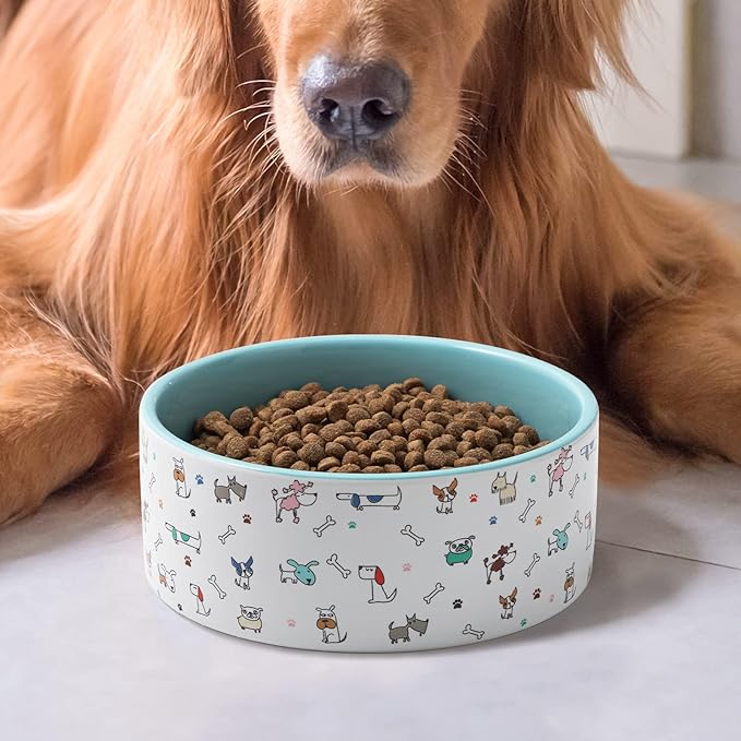 Fun Elements Ceramic Dog Bowls - Large, 64 Fl Oz Heavy Duty, Adorable Dog Patterns (Large, Blue)