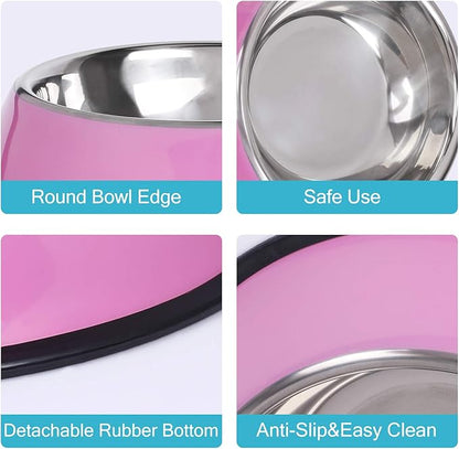 WHIPPY Stainless Steel Dog Food Water Bowl for Small,Medium and Large Pets Cats Set of 2 with Rubber Base (X Large,Pink,28oz)