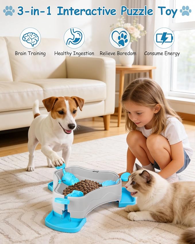 Dog Puzzle Toy, 3-in-1 Interactive Dog Puzzle Toys Press-Type Dog Treat Dispenser Toy Dog Enrichment Toy No-Slip Dog Slow Feeder Interactive Brain Training Toy for Smart Dog Cat, Blue