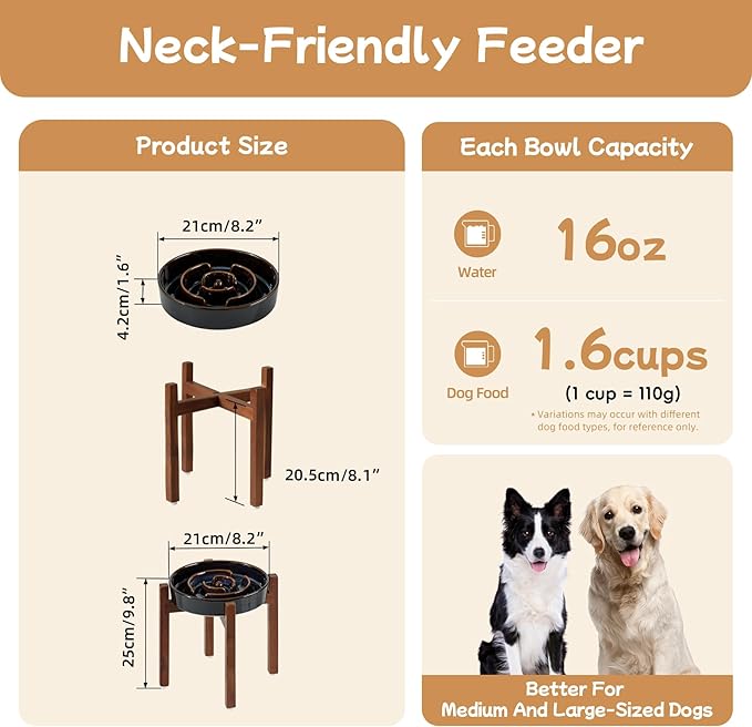 Ceramic 1.6 Cup Raised Slow Feeder Dog Bowl Set, Elevated Acacia Wood Stand for Medium and Large Dog, 8.2inch Slow Dish, Stop Bloat(Single Bowl+ Stand, Starry Sky)