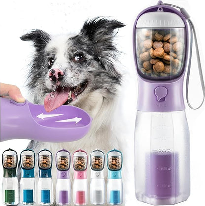Portable Water Bottle for Dogs, 3 in 1 Pet Travel Bowl Dispenser with Food Treat Container & Poop Bag Holder, Summer Outdoor Walking Hiking Accessories for Large Dog On The Go - Blue, 20oz