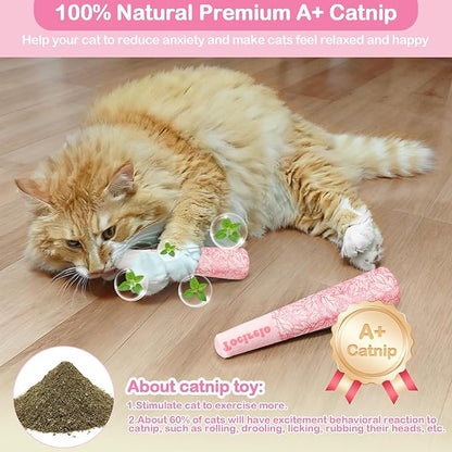 Tocirelo Catnip Toys for Cats Bite-Resistant - 3Pack Funny Pink Cat Nip Toys with 100% Pure 45000mg Organic Catnip, Safe Kitten Teething Kicker Toys for Indoor Cats, Soft Plush Cat Chews 5.9inch