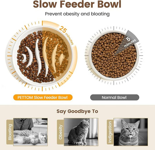 PETTOM Slow Feeder Cat Bowl Elevated Ceramic with Bamboo Stand, Raised Pet Puzzle Dishes for Indoor Cats Small Dog, Anti Vomit Cat Bowl for Wet & Dry Food
