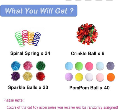 Cat Toys Assortment - Interactive Kitten Toy Bundle with Sparkle Pom Pom Balls, Crinkle Balls & Spring Toys for Indoor Cats(100-Pack)