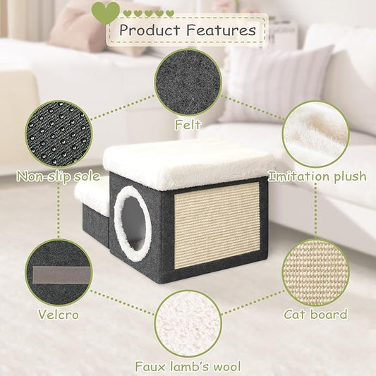 B FSOBEIIALEO Cat House Pet Stairs for Beds Sofa, Foldable Dog Steps 2-Tier With Storage Toy Box, Small Indoor Pet Steps Grey 15.7x12.6x12.6 Inches