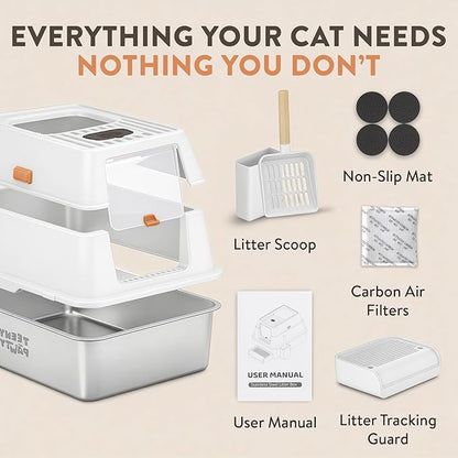 XL Stainless Steel Cat Litter Box with Enclosure and Pooper Scooper - Durable Black Metal Litter Box for Big Cats, High Sides for Anti-Leakage, Never Absorbs Odors, Non-Sticky - (60x40cm) (White)
