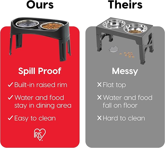 IRIS USA Adjustable Elevated Dog Bowls, Raised Feeder with 2 Stainless Steel 64 oz Bowls, Spill-Guard Rim, 12.25" or 4.63" Heights, Durable Plastic, Made in USA, Black