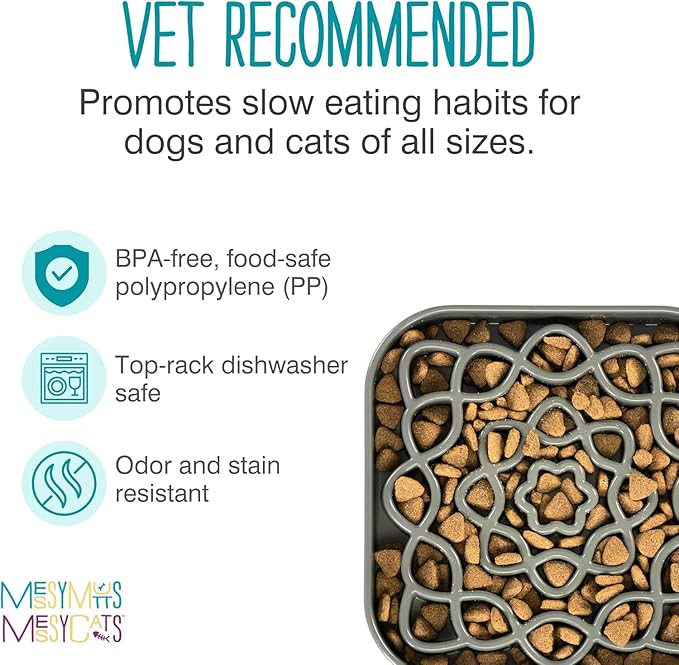 Messy Mutts and Cats Interactive Square Slow Feeder | Cool Grey (2 Cup) | 8” x 8” Square Puzzle Slow Feeder for Dogs/Cats | Enrichment Food Dish for Slow Eating, Bloating