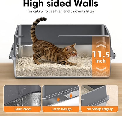 2PACK XXXL Stainless Steel Cat Litter Box with High Sides Lid, Large Litter Box for Big&Multiple Cats, Metal Kitty Litter Boxes with Footboard & Scoop, Anti-Leakage, Non-Sticky, 28.3×20.2×11.5inch