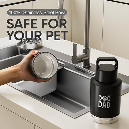 Dog Dad Gift, Insulated Dog Water Bottle with Travel Bowl, Men Christmas, Birthday for DogLover, Portable Water Bottle Dispenser, Accessories for Car, Camping, Outdoor, Detachable (DogDad-Black)