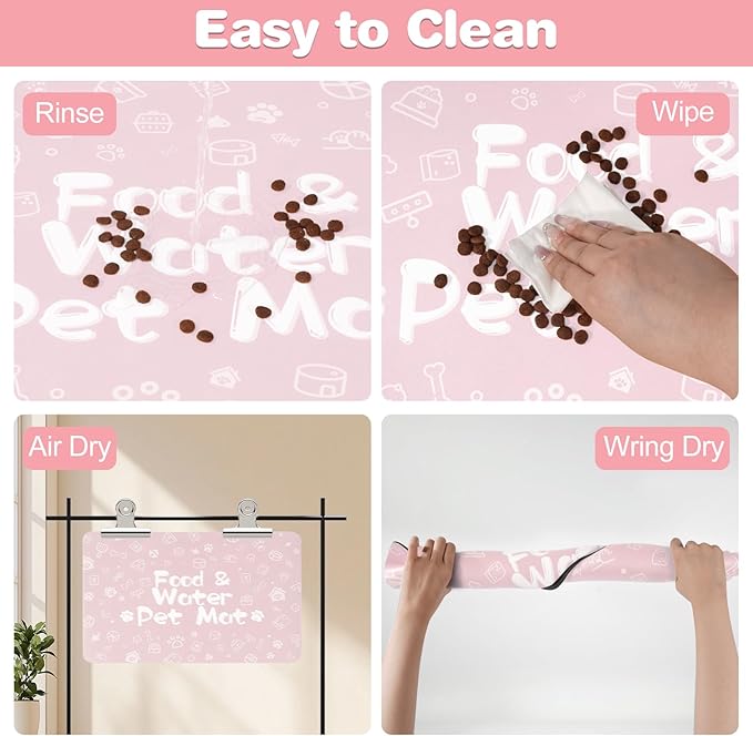 Pet Feeding Mat,Dog Cat Mat for Food and Water,Dog Bowl Waterproof Placemat with Rubber Backing,Absorbent Quick Dry Water Dispenser Mat for Pet（Pink 12"×18"）