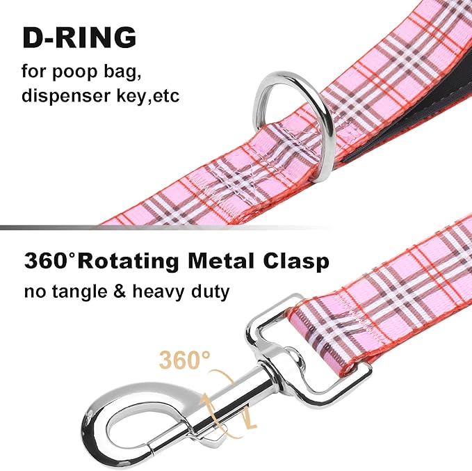 5ft Dog Leash with Two Padded Handles, Heavy Duty Strong Nylon Pet Leash with Soft Neoprene Handle for Small Medium Large Dogs, Pink Plaid