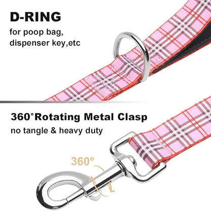 5ft Dog Leash with Two Padded Handles, Heavy Duty Strong Nylon Pet Leash with Soft Neoprene Handle for Small Medium Large Dogs, Pink Plaid