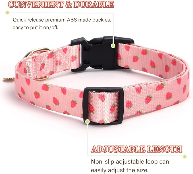 Pink Strawberry Pattern Dog Collar with Buckle Adjustable Safety Nylon Collars for Small Medium Large Dogs, Cute Stylish Girl Boy Christmas Dog Collar(Pink Strawberry,L)