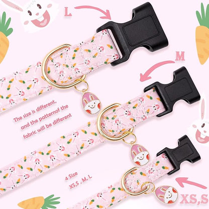 Faygarsle Cute Easter Collar for Small Medium Large Dogs Girl Boy Female Male Dog Pink Cotton with Adorable Rabbit Print Easter Puppy Collar with Easter Egg Charm L