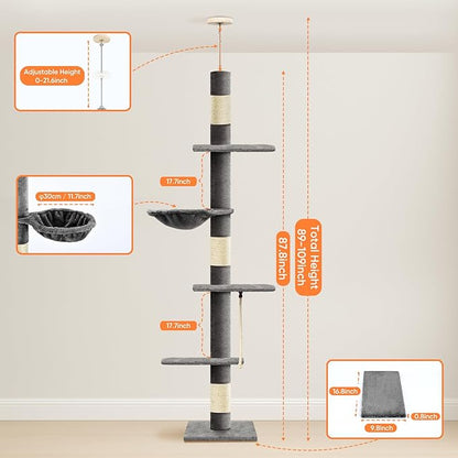 Cat Tree 5-Tier Floor to Ceiling Cat Tower with Cozy Hammock, 89-109 Inch Adjustable Height Sisal Scratching Post, Provides Vertical Enrichment for Jumping & Climbing, Darkgrey
