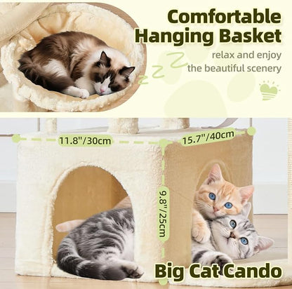 Taoqimiao MS043M Cat Tree, 32.2-Inch Cat Tower for Indoors Cats, Cat Condo with Large Cat Perch, Spacious Cat Cave, Scratching Posts for Small and Medium Cats, Beige