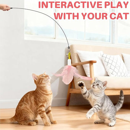 Walfront Indoor Interactive Cat Toy Wand with 4PCS Feather Attachments & Suction Base - 2 Play Modes, Solo Play & Owner Interaction, Boost Jumping & Hunting Skills, Fun & Engaging for Cats