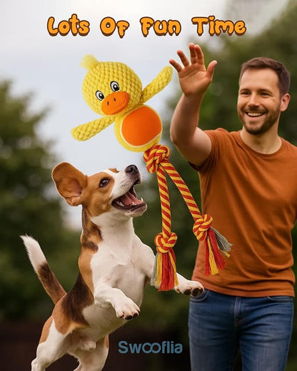Swooflia Durable Squeaky Dog Toy - Interactive Plush Cute Duck with Rope Legs, Teeth Cleaning Tug Toy for Small Medium and Large Dogs, Puppy Chew Toy for Training and Play