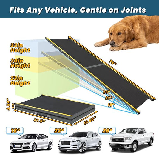 75” Dog Ramp for Car, Extra Long & Wide Pet Ramp for Large Dogs up to 300LBS, Heavy Duty Folding Dog Car Ramp for SUV/Truck/RV with Soft EVA Mat & Auto Lock, Portable Dog Ramp for SUV, Gray