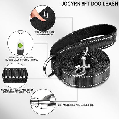 Dog Leash 6 FT, Double Sided Reflective Dog Leash with Soft Padded Handle, Durable Metal Snap Hook Nylon Heavy Duty Leashes for Small Medium and Large Dogs, 1 Inch Wide, Black
