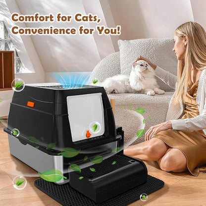 Vivifying Stainless Steel Litter Box with Lid, XL Front Entry Enclosed Extra Large Litter Box for Big Cats & Kitty, Top Exit Metal Cat Pan with Scoop, Mat, Footboard, Charcoal Filter (Black)