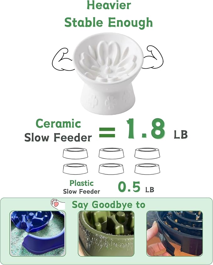 TRUVIC Ceramic Slow Feeder Cat Bowl, 15° Tilted Elevated Cat Slow Eating Bowl for Neck Protection, Anti Vomiting Dog Slow Feeder, Whisker Friendly & No Black Chin for Cats and Small Dogs, White