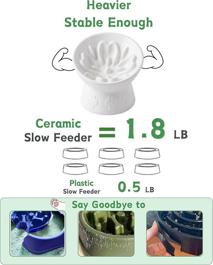 TRUVIC Ceramic Slow Feeder Cat Bowl, 15° Tilted Elevated Cat Slow Eating Bowl for Neck Protection, Anti Vomiting Dog Slow Feeder, Whisker Friendly & No Black Chin for Cats and Small Dogs, White