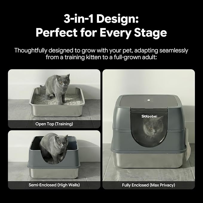 Enclosed Stainless Steel Cat Litter Box, Metal Litter Box with Lid, Hooded Kitty Litter Pan, Non-Stick & Never Absorbs Odors, Durable for Multi Cats (Include Scoop)