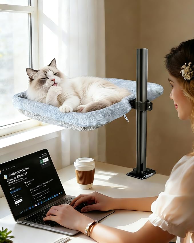 L&W BROS. Cat Desk Bed – Clamp-On Desk Cat Hammock with 360° Rotating Arm, Adjustable Height Cat Perch for Desk, Heavy Duty Metal Frame, Dual-Sided Washable Cover, Holds Up to 35LB