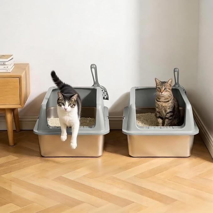 Kirecoo 2 Pack Stainless Steel Litter Box with Lid, Large Enclosed Metal Cat Litter Box Pan High Sided, Easy Clean Anti-Leakage Litterbox Tray for Indoor Big Cats, Kittens or Multicat, Scoop Included
