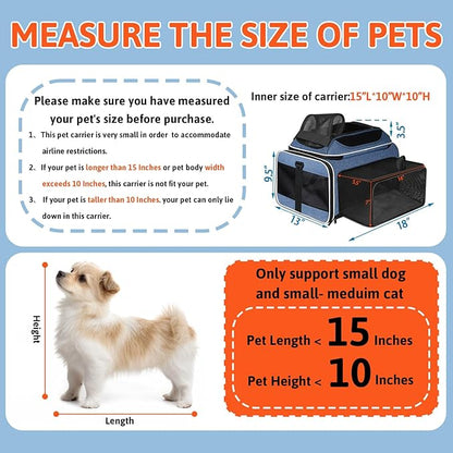 Petskd Top and Side Expandable Pet Carrier with Wheels 18x13x9.5 Inches Southwest Airline Approved, Soft-Sided Carrier for Small Cats and Dogs with Locking Safety Zippers and Anti-Scratch Mesh(Blue)