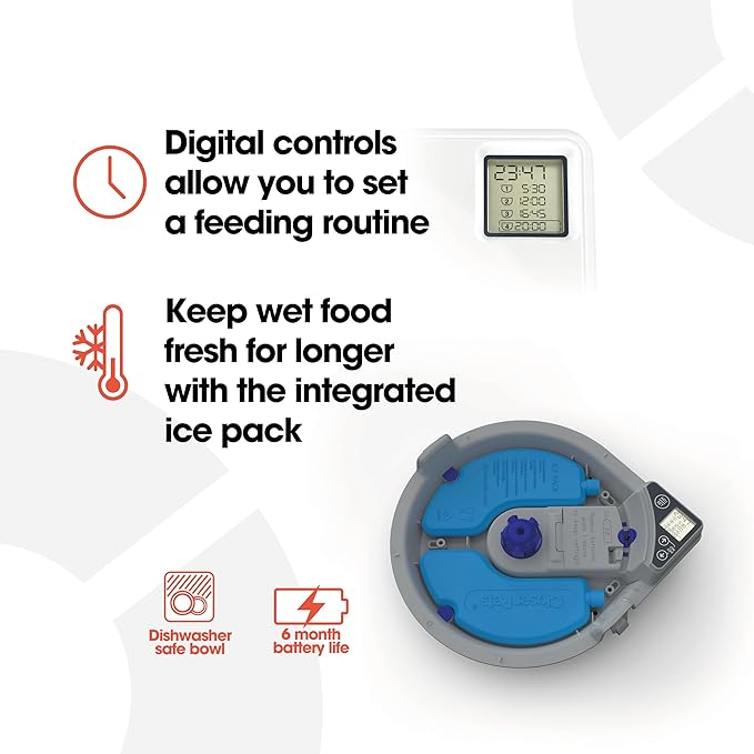 Cat Mate C500 Automatic 5 Bowl Digital Timer-Controlled Pet Feeder - for Cats and Small Dogs, Wet or Dry Food, Includes Twin Ice Packs, 5 Meals Up to 0.73 lb Each, White