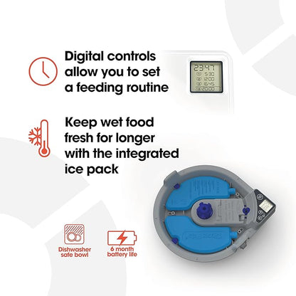 Cat Mate C500 Automatic 5 Bowl Digital Timer-Controlled Pet Feeder - for Cats and Small Dogs, Wet or Dry Food, Includes Twin Ice Packs, 5 Meals Up to 0.73 lb Each, White
